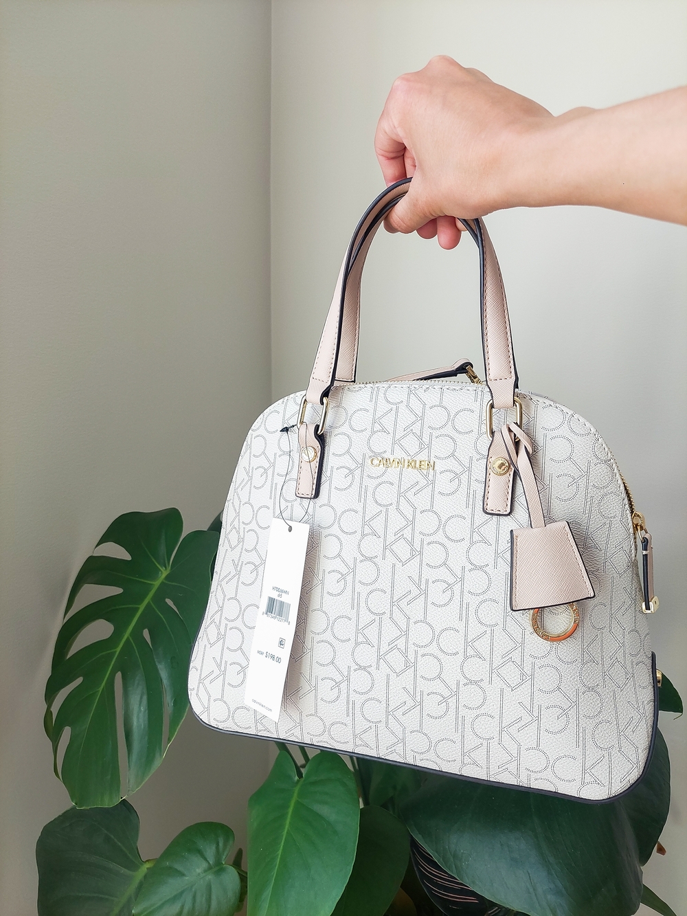 Calvin Klein Cream Monogram Logo Dome Satchel Tote Bag Purse Medium